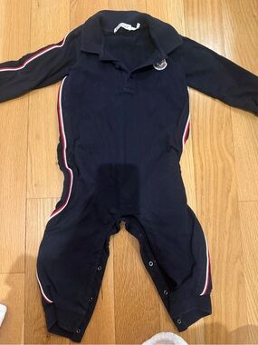Moncler Navy One-Piece Footie with Red and White Stripe Accents